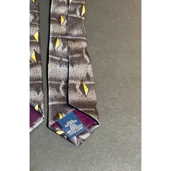 Vintage Zylos by George Machado Silk Tie Gray Yellow Geometric Diamond 90s - Picture 3 of 4